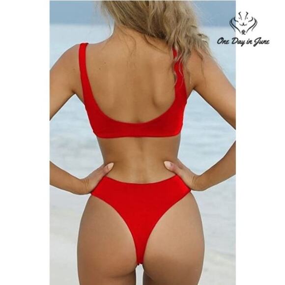 Qinsen Tie Knot Front High Waist Bikini Swimsuit Size M - Picture 2 of 4